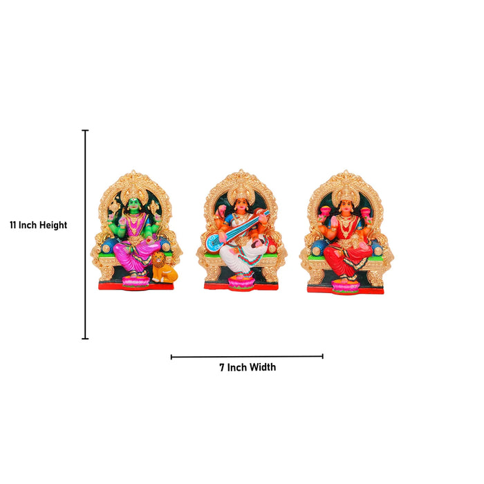 Durga Lakshmi Saraswathi Clay Golu Bommai Set - 11 Inches | Giri Golu Doll/ Navaratri Golu Bomma/Gombe/Bommai