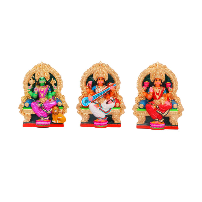 Durga Lakshmi Saraswathi Clay Golu Bommai Set - 11 Inches | Giri Golu Doll/ Navaratri Golu Bomma/Gombe/Bommai