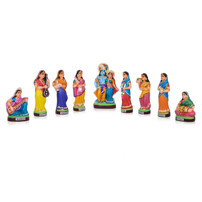 Krishna Murti Ashta Sakhi Clay Golu Bommai Set- 10X5.5 Inches | Navaratri Golu Gombe/Giri Golu Doll/Navratri Decor
