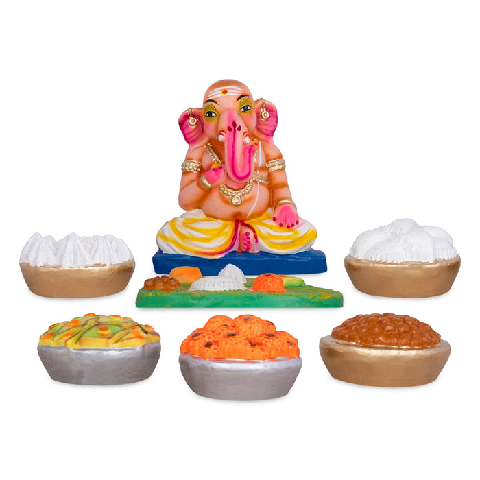 Ganesh Murti Bhojanam Clay Golu Bommai Set - 8 X 7 Inches | Navaratri Gombe/ Giri Golu Doll/ Navratri Decor