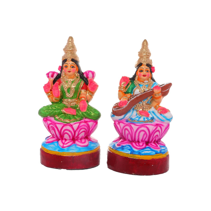 Lakshmi Saraswati Clay Golu Bommai Pair - 10 x 5 Inches | Giri Golu Doll/ Navaratri Golu Bomma/Gombe/Bommai