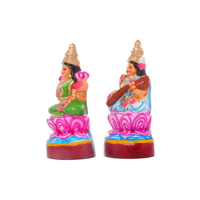 Lakshmi Saraswati Clay Golu Bommai Pair - 10 x 5 Inches | Giri Golu Doll/ Navaratri Golu Bomma/Gombe/Bommai