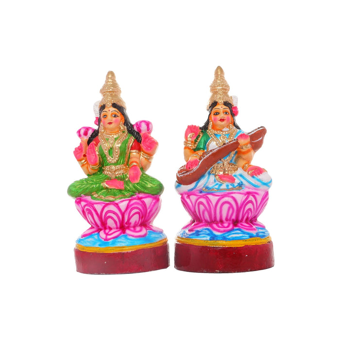 Lakshmi Saraswati Clay Golu Bommai Pair - 10 x 5 Inches | Giri Golu Doll/ Navaratri Golu Bomma/Gombe/Bommai