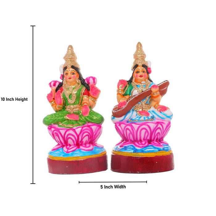 Lakshmi Saraswati Clay Golu Bommai Pair - 10 x 5 Inches | Giri Golu Doll/ Navaratri Golu Bomma/Gombe/Bommai