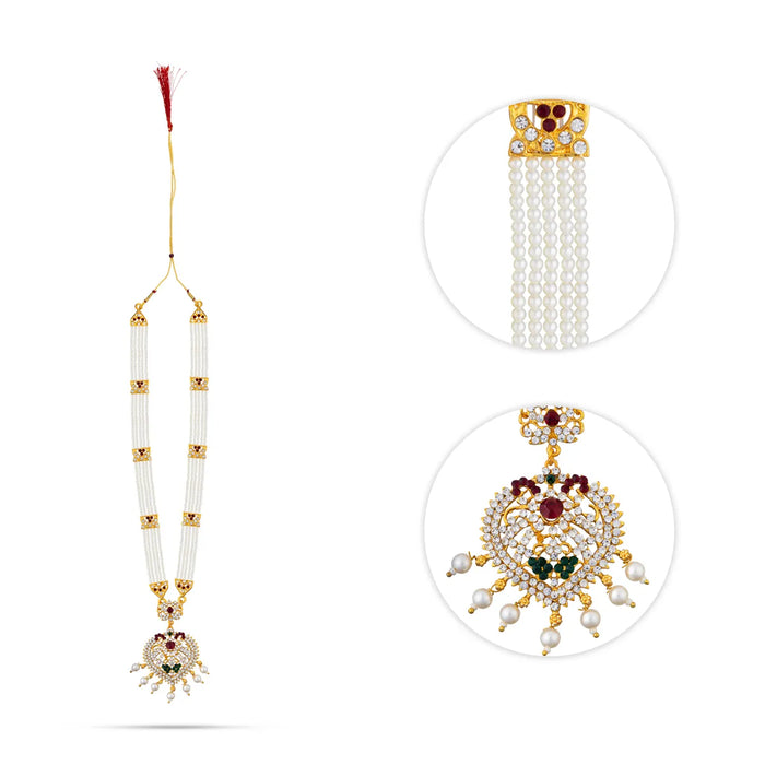 Pearl Necklace - 12 Inches | White Pearl Jewellery with Stone Pendant / Artificial Jewellery for Deity Decor