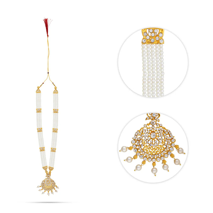 Pearl Necklace - 12 Inches | White Pearl Jewellery with Stone Pendant / Artificial Jewellery for Deity Decor