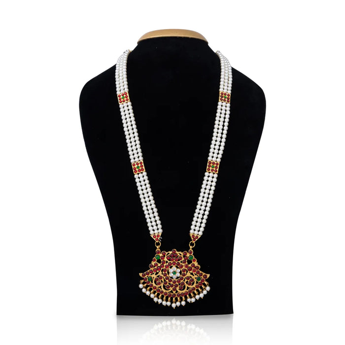 Kemp Moti Mala - 13 Inches | Stone Design Bharatanatyam Jewellery/ 3 Line Pearl Mala For Dance