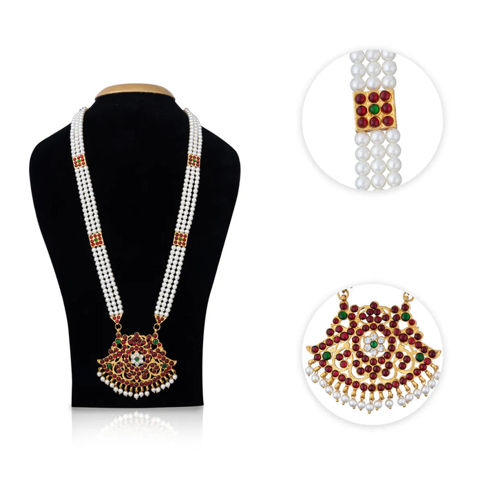 Kemp Moti Mala - 13 Inches | Stone Design Bharatanatyam Jewellery/ 3 Line Pearl Mala For Dance