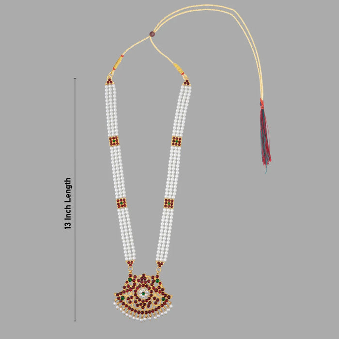Kemp Moti Mala - 13 Inches | Stone Design Bharatanatyam Jewellery/ 3 Line Pearl Mala For Dance