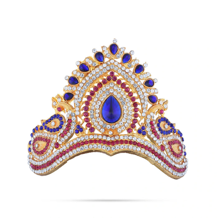 Half Stone Kireedam - 4 X 4 Inches | Multicolour Stone Mukut/ Peacock Design Kiridam/ Half Crown For Deity