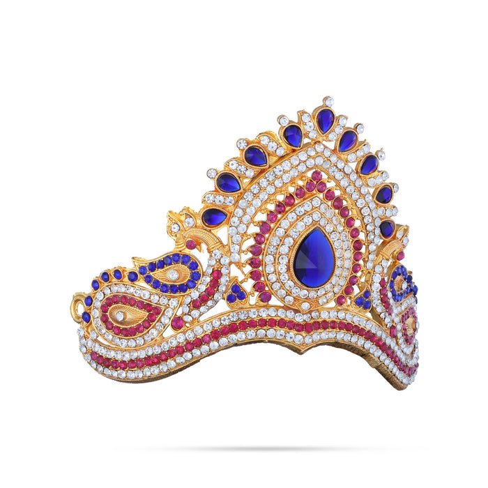 Half Stone Kireedam - 4 X 4 Inches | Multicolour Stone Mukut/ Peacock Design Kiridam/ Half Crown For Deity