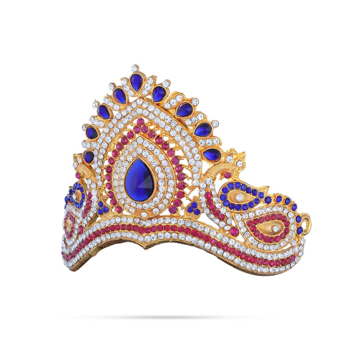 Half Stone Kireedam - 4 X 4 Inches | Multicolour Stone Mukut/ Peacock Design Kiridam/ Half Crown For Deity