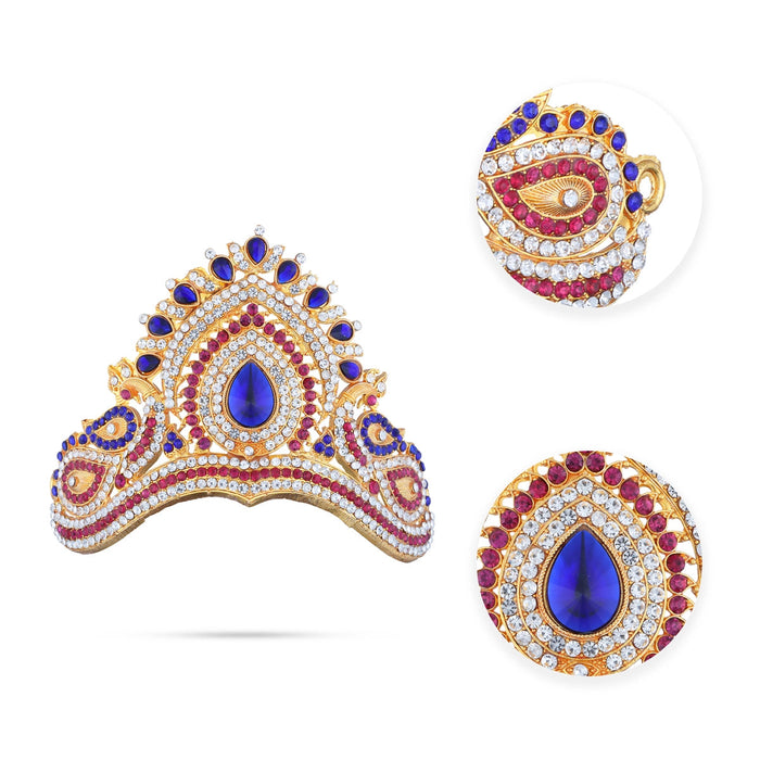 Half Stone Kireedam - 4 X 4 Inches | Multicolour Stone Mukut/ Peacock Design Kiridam/ Half Crown For Deity