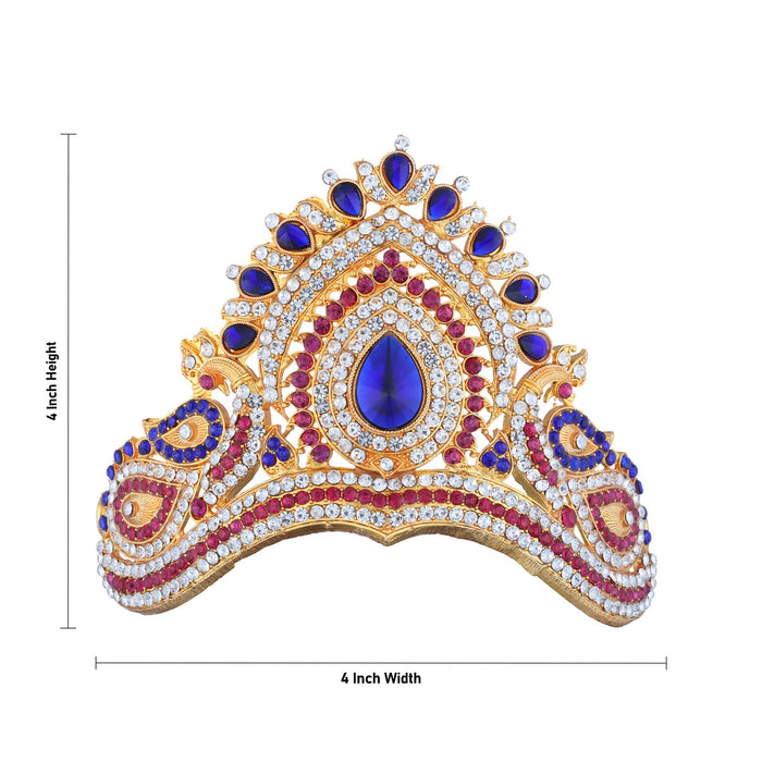 Half Stone Kireedam - 4 X 4 Inches | Multicolour Stone Mukut/ Peacock Design Kiridam/ Half Crown For Deity