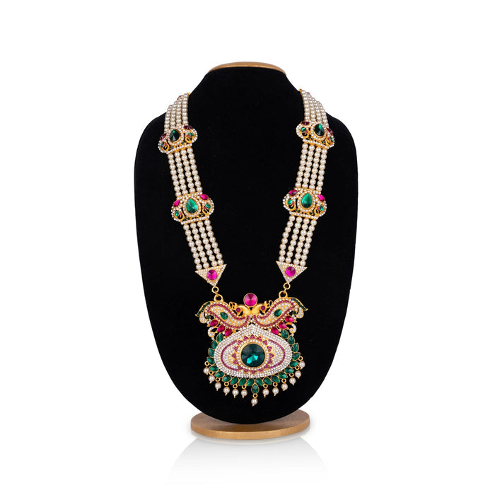 Stone Haram With Pendant - 16 Inches | Multicolour Stone Artificial Jewelry/ 4 Line Moti Haram For Deity Decor