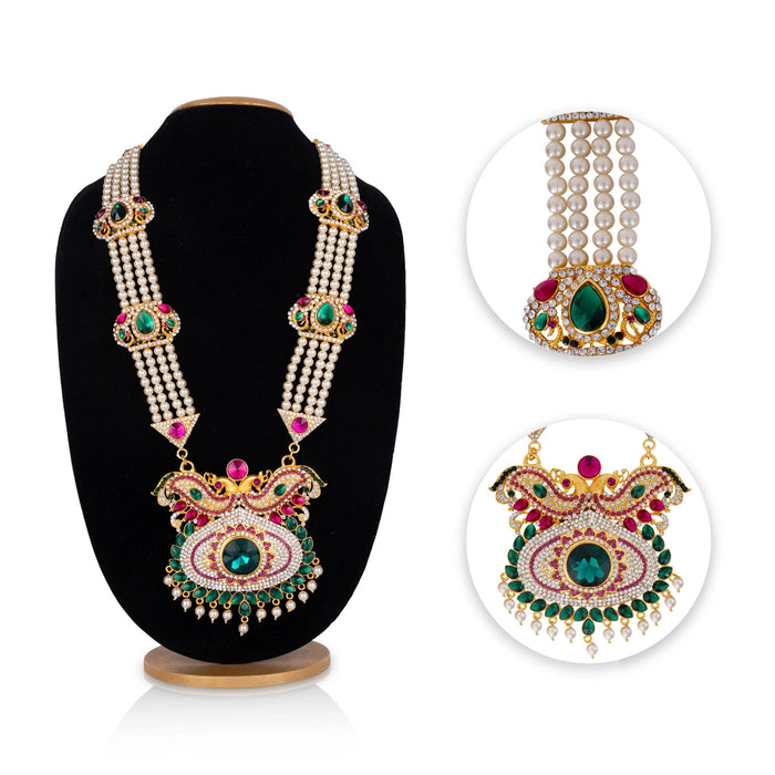 Stone Haram With Pendant - 16 Inches | Multicolour Stone Artificial Jewelry/ 4 Line Moti Haram For Deity Decor