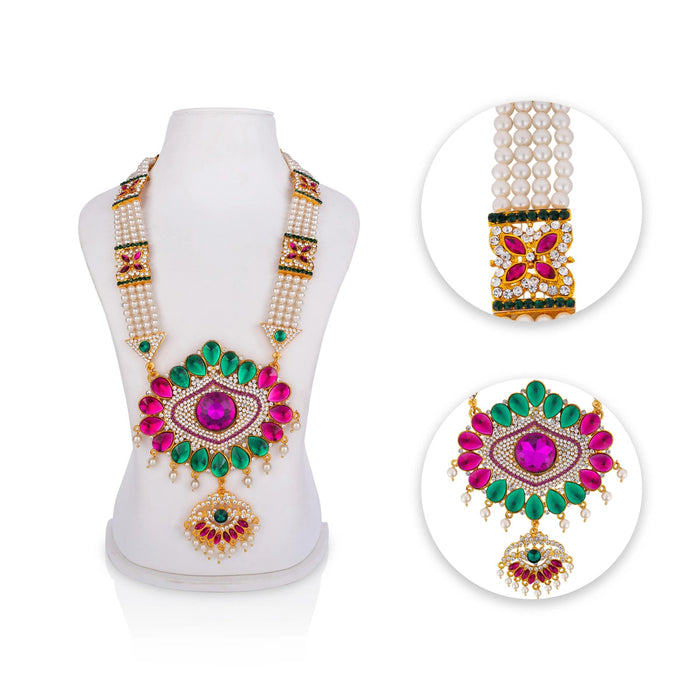 Stone Haram With Pendant - 14.5 Inches | 4 Line Moti Haram/ Multicolour Stone Artificial Jewelry For Deity