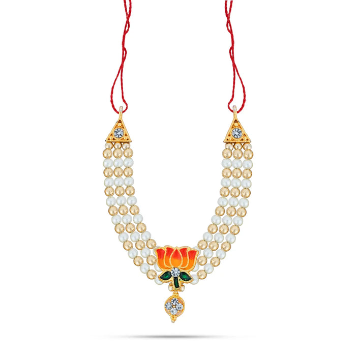 3 Line Moti Mala - 3 Inches | Lotus & Stone Design Pearl Mala/ Pearl Necklace/ Artificial Jewelry for Deity