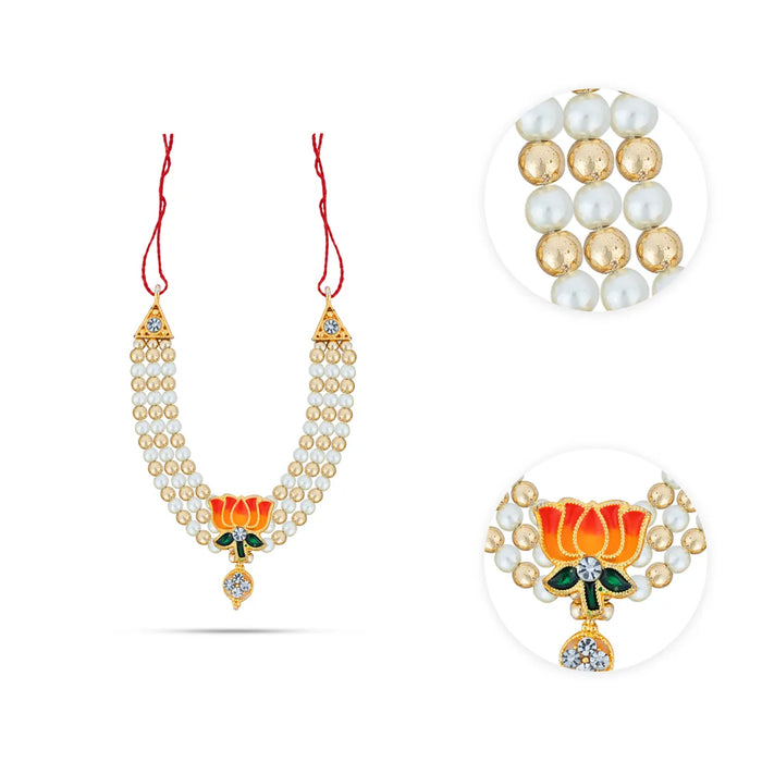 3 Line Moti Mala - 3 Inches | Lotus & Stone Design Pearl Mala/ Pearl Necklace/ Artificial Jewelry for Deity