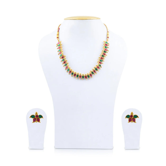 Necklace with Earring Set - 4 Inches | Gold Polish Haram with Stud Set/ Multicoloured Stone Jewellery for Women