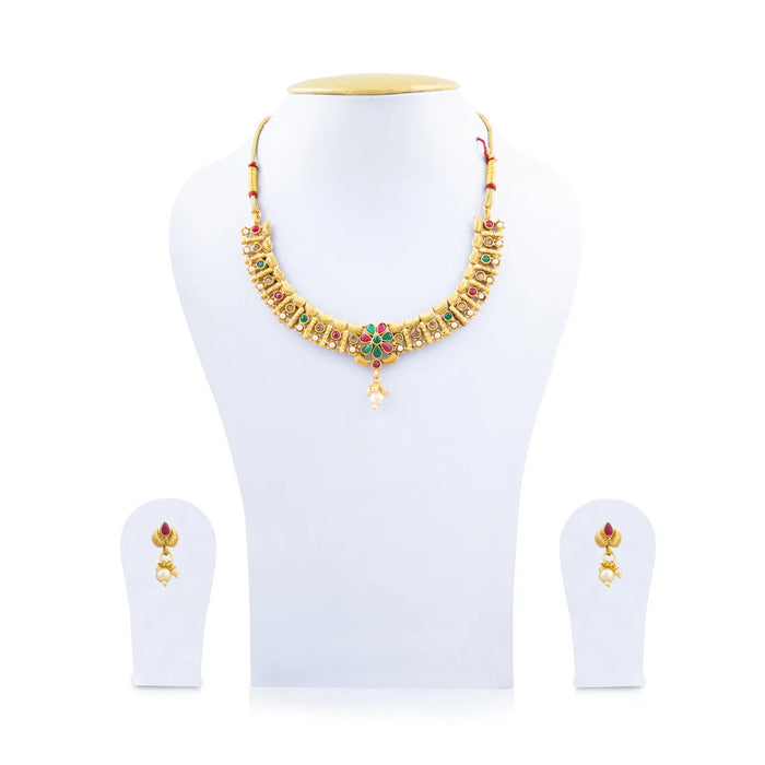 Necklace with Earring Set - 4 Inches | Gold Polish Haram with Stud Set/ Multicoloured Stone Jewellery for Women