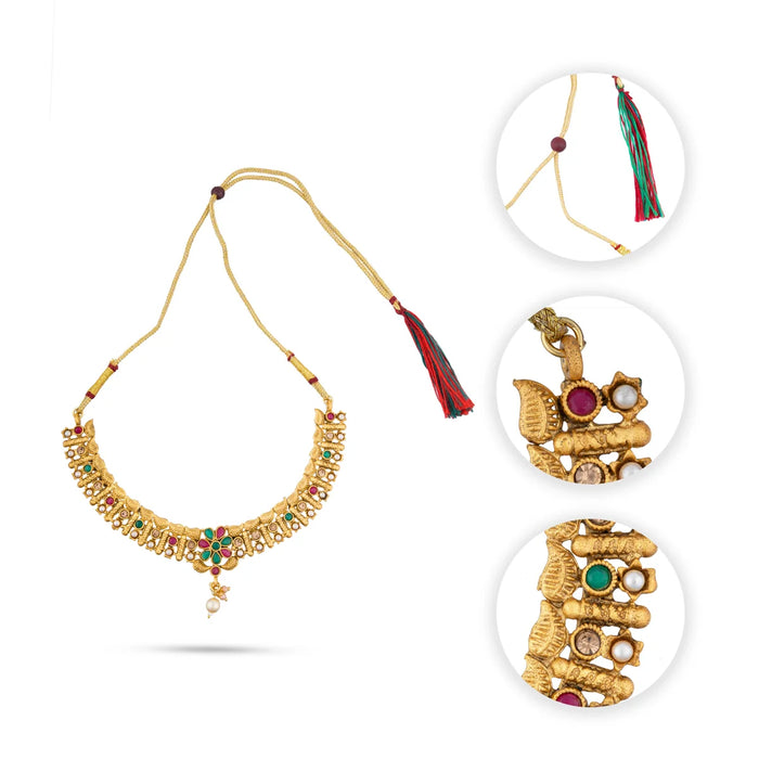 Necklace with Earring Set - 4 Inches | Gold Polish Haram with Stud Set/ Multicoloured Stone Jewellery for Women