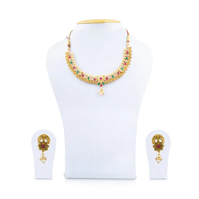 Necklace with Earring Set - 4 Inches | Gold Polish Haram with Stud Set/ Multicoloured Stone Jewellery for Women