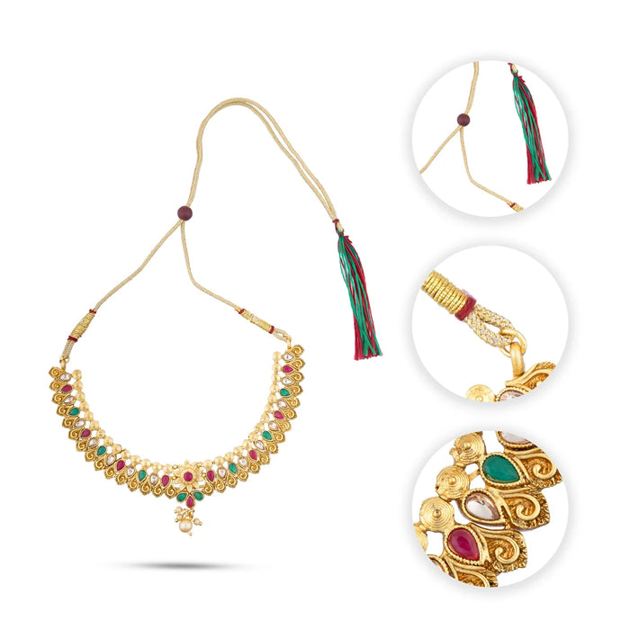 Necklace with Earring Set - 4 Inches | Gold Polish Haram with Stud Set/ Multicoloured Stone Jewellery for Women