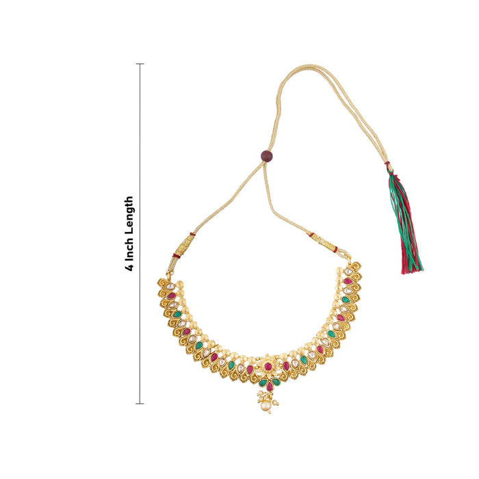 Necklace with Earring Set - 4 Inches | Gold Polish Haram with Stud Set/ Multicoloured Stone Jewellery for Women