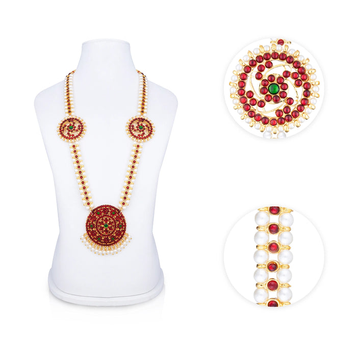 Stone Haram - 11 x 3 Inches | Kemp Bharatanatyam Jewellery/ White Beads Design Artificial Jewelry for Women