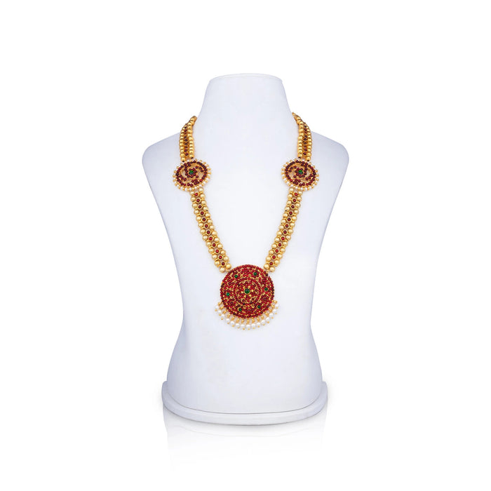 Stone Haram - 11 x 3 Inches | Kemp Bharatanatyam Jewellery/ Gold Colour Beads Artificial Jewelry for Women