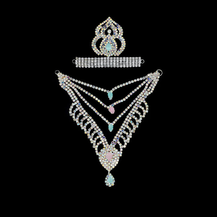 Stone Necklace & Stone Kireedam Pair - 4 x 2 Inches | Multicolour Stone Mala & Stone Crown for Deity Decor