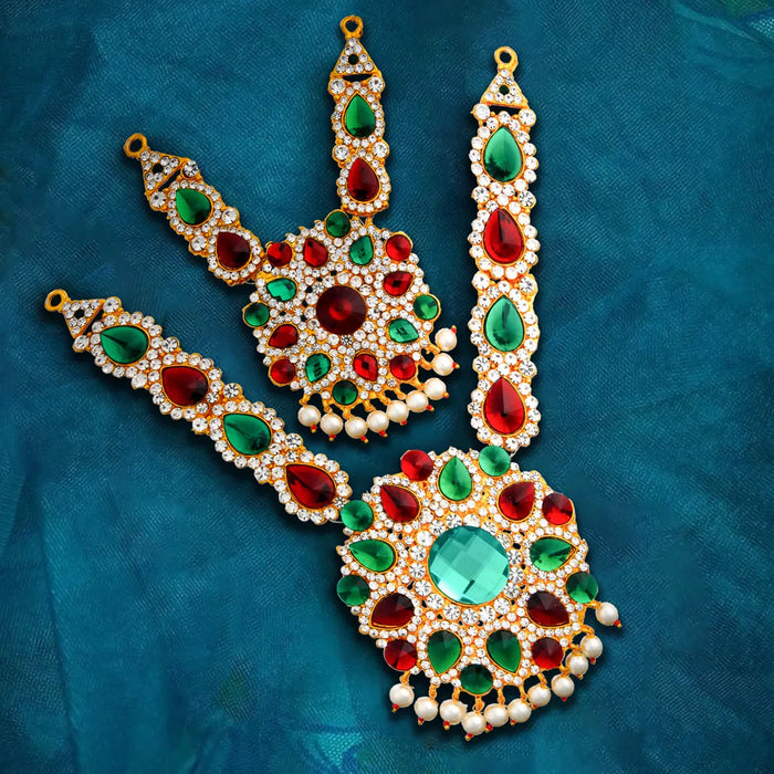 Stone Haram & Stone Necklace Set - 13 Inches | Multi Colour Stone Jewellery/ Jewelry for Deity