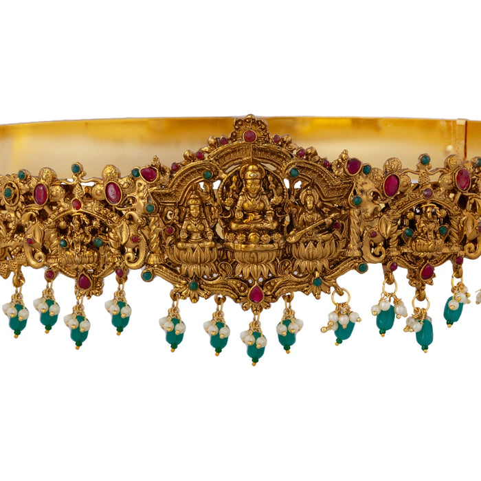 Hip Belt - 1.5 X 9.5 Inches | Antique Gold Polish Jewellery/Lakshmi & Beads Design Waist Belt For Bharatanatyam