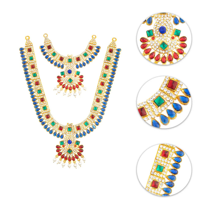 Stone Necklace & Haram Set - 12 x 5 Inches | Multi Colour Stone Jewellery for Deity/ Assorted Design