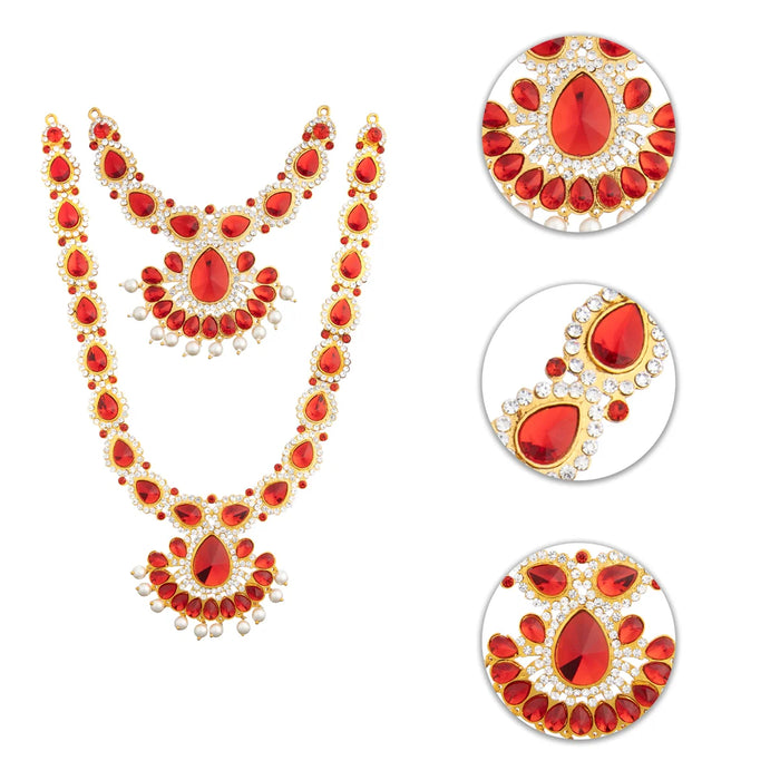 Stone Necklace & Haram Set - 12 x 5 Inches | Multi Colour Stone Jewellery for Deity/ Assorted Design