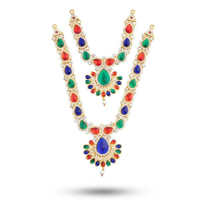 Stone Necklace & Haram Set - 12 x 5 Inches | Multi Colour Stone Jewellery for Deity/ Assorted Design