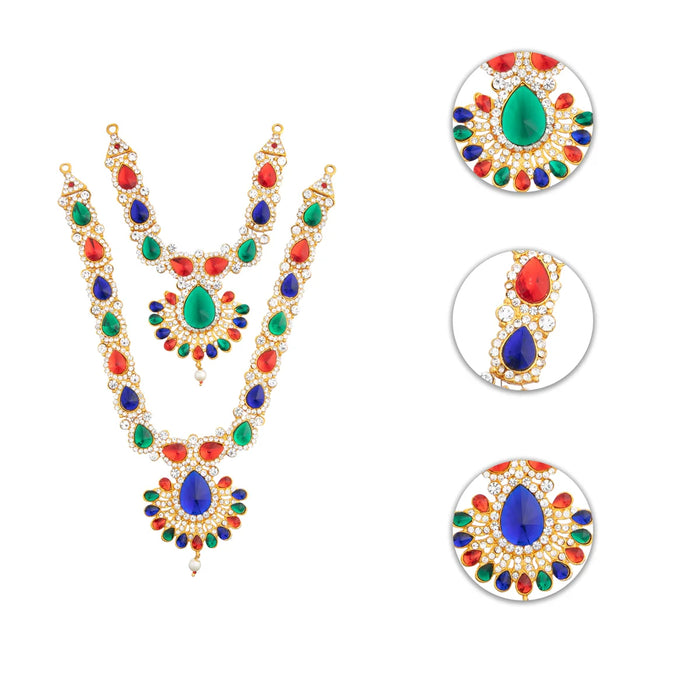 Stone Necklace & Haram Set - 12 x 5 Inches | Multi Colour Stone Jewellery for Deity/ Assorted Design