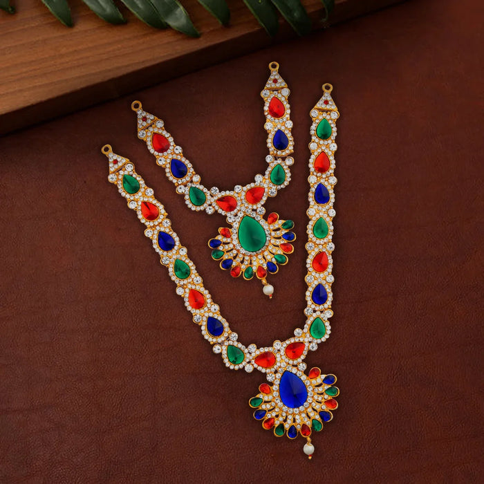 Stone Necklace & Haram Set - 12 x 5 Inches | Multi Colour Stone Jewellery for Deity/ Assorted Design