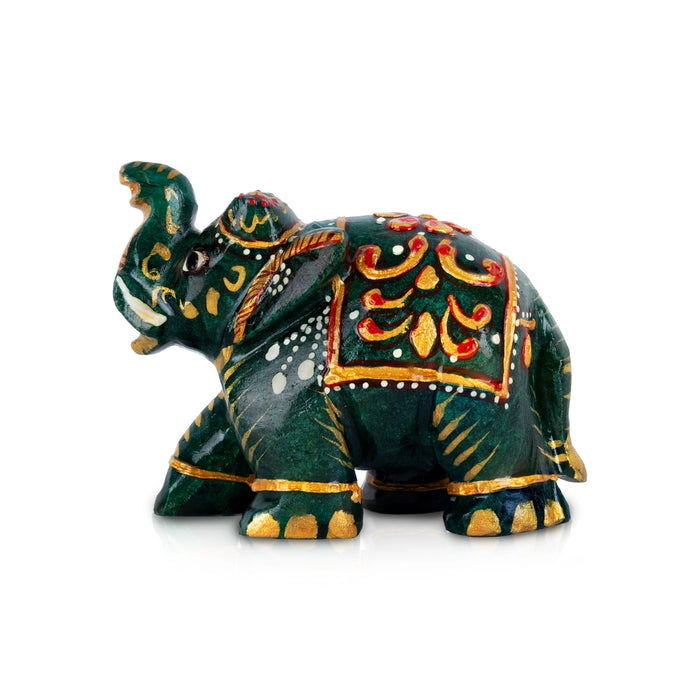 Painted Elephant Statue - 2.25 x 3 Inches | Jade Elephant Idol / Trunk Up Elephant Sculpture