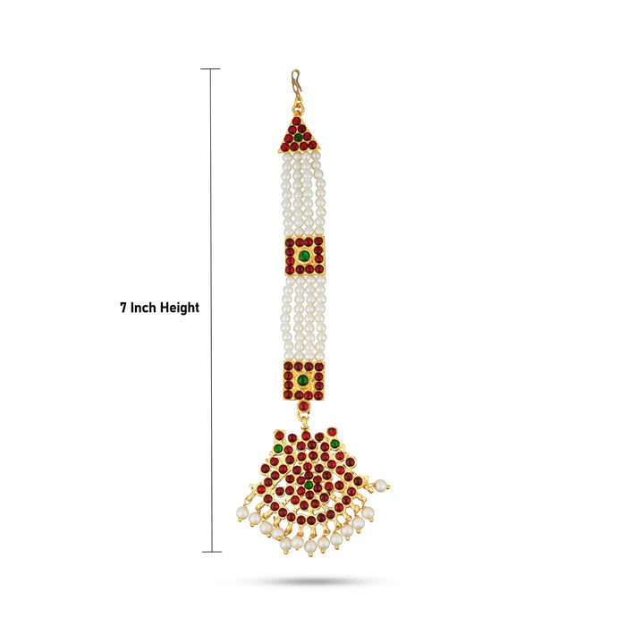 Kemp Nethi Chutti - 7 Inches | Kemp Jewellery/ 4 Lines Pearl with Stone Mangtika for Women