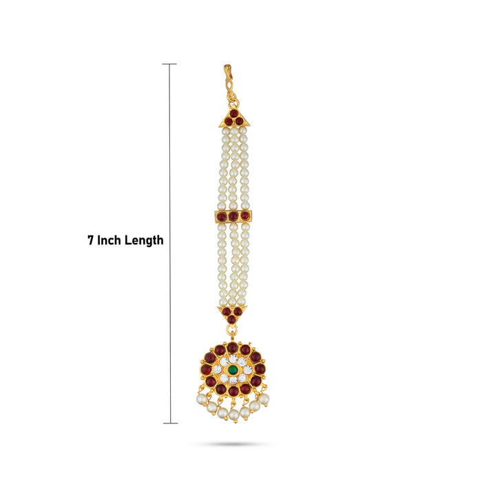 Kemp Nethi Chutti - 7 Inches | Kemp Jewellery/ 3 Lines Pearl with Stone Mangtika for Women