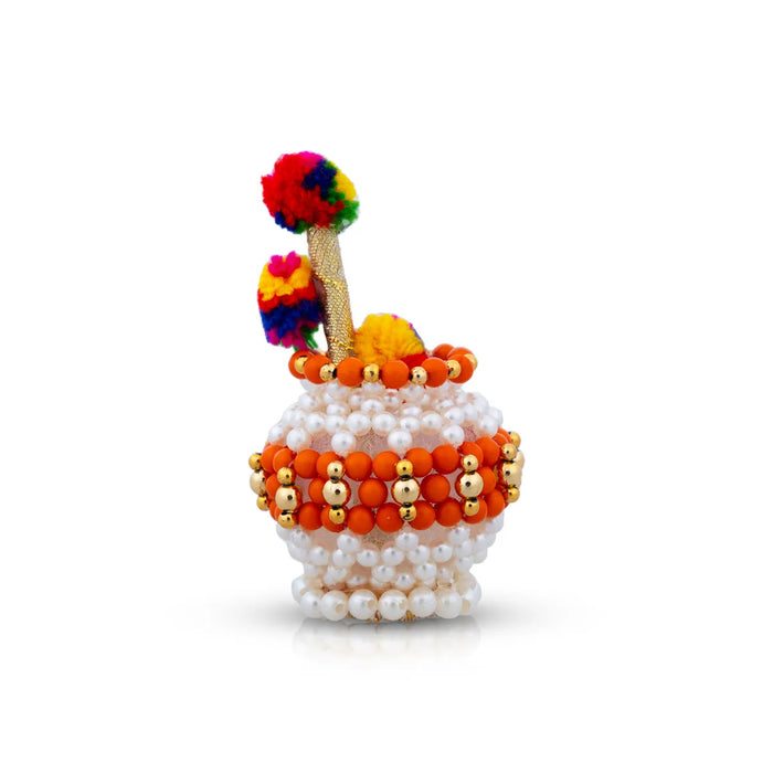 Butter Pot With Flute Pair - 2 x 2 Inches | 2 Pcs/ Moti Beads Design Butter Pot With Bansuri Flute for Krishna/ Assorted Colour