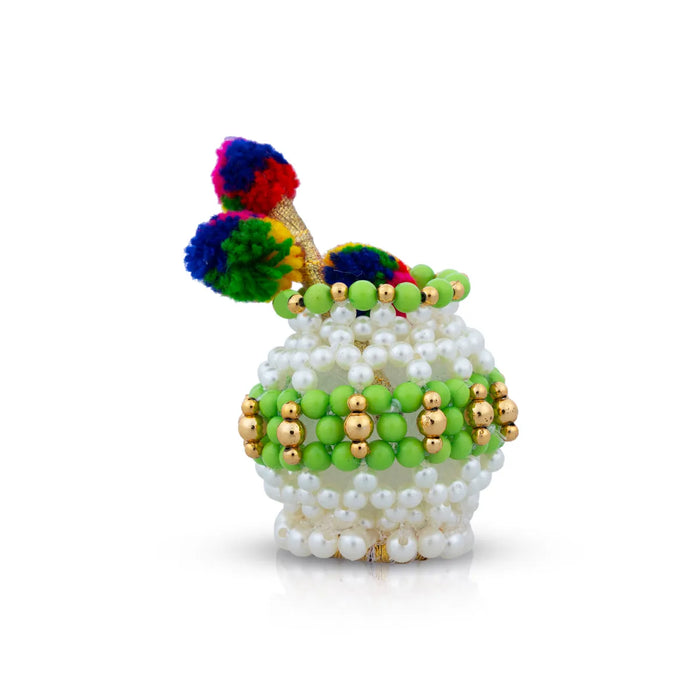 Butter Pot With Flute Pair - 2 x 2 Inches | 2 Pcs/ Moti Beads Design Butter Pot With Bansuri Flute for Krishna/ Assorted Colour