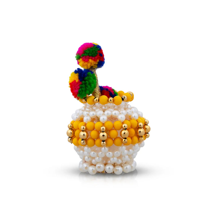 Butter Pot With Flute Pair - 2 x 2 Inches | 2 Pcs/ Moti Beads Design Butter Pot With Bansuri Flute for Krishna/ Assorted Colour