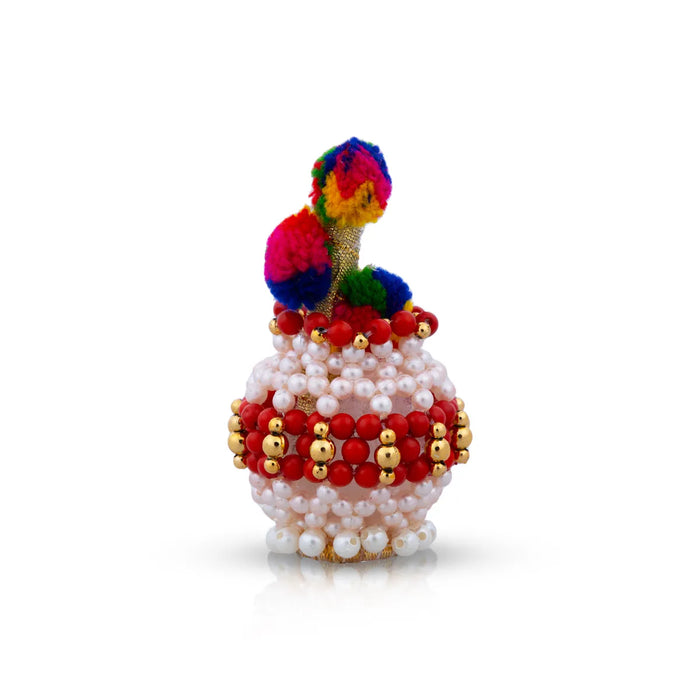 Butter Pot With Flute Pair - 2 x 2 Inches | 2 Pcs/ Moti Beads Design Butter Pot With Bansuri Flute for Krishna/ Assorted Colour