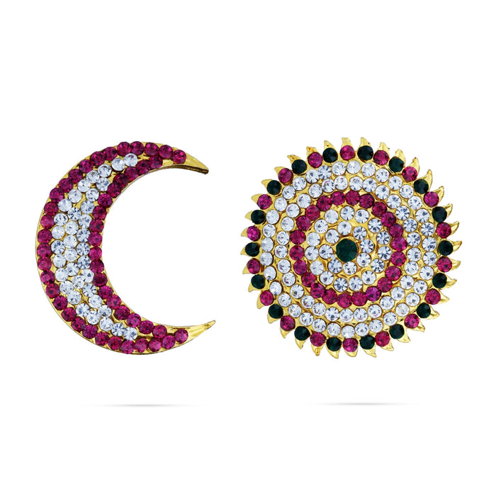 Stone Sun And Moon Billai- 1.5 X 2.5 Inches | Hair Accessories/ Multicolour Stone Jewellery/ Sun Moon For Deity