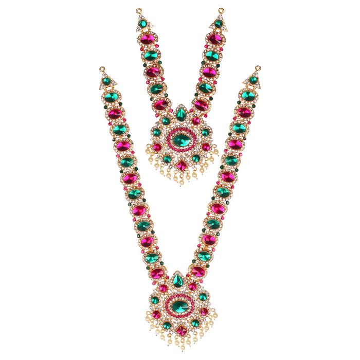 Stone Haram & Stone Necklace Pair - 12 X 3 Inches | Multicolour Stone Jewelry/ Artificial Jewellery For Deity