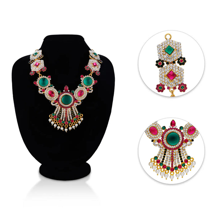 Stone Necklace - 7.5 Inches | Red Stone Jewellery with Pearl Drops / Artificial Jewellery for Deity Decor