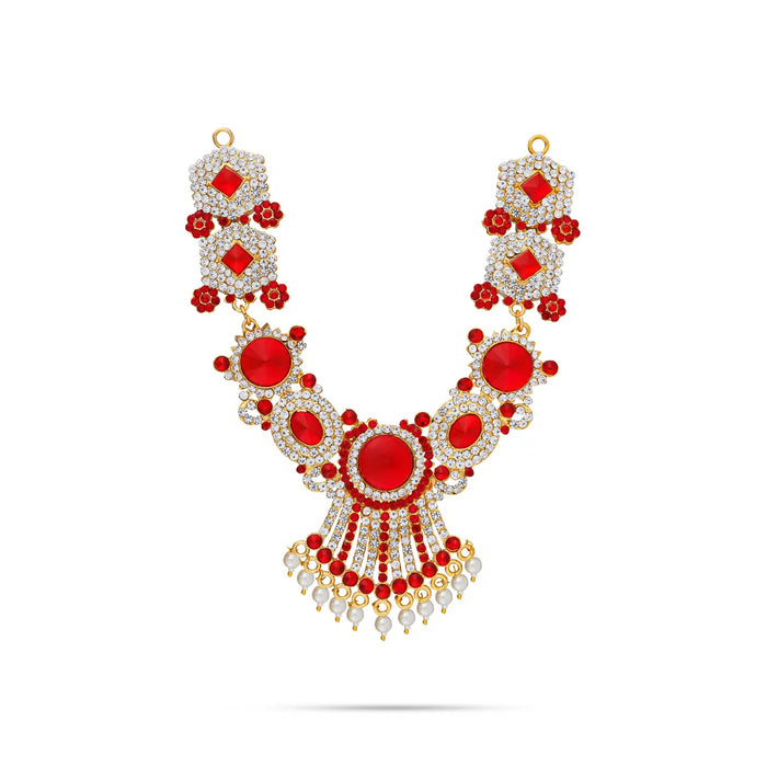 Stone Necklace - 7.5 Inches | Red Stone Jewellery with Pearl Drops / Artificial Jewellery for Deity Decor